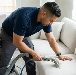 Professional upholstery cleaning technician using an extraction wand to deep-clean a fabric sofa, Louisville, KY.